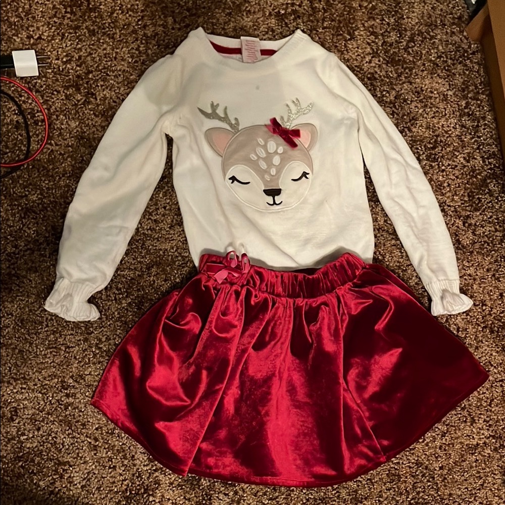 Outfit with Red Velvet Kids Skirt with sweater Deer Design